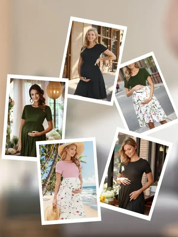 Smallshow Women's Short Sleeve Maternity Dress Patchwork Pregnancy Clothes with Pockets - 6
