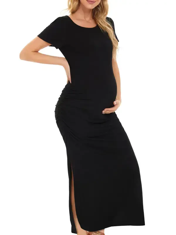 Smallshow Women's Short Sleeve Maternity Dresses Clothes Split Pregnancy Maxi Dresses - 2