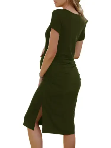 Smallshow Women's Short Sleeve Split Maternity Dress Side Ruched Pregnancy Clothes - 1