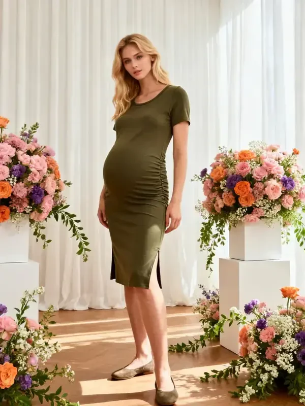Smallshow Women's Short Sleeve Split Maternity Dress Side Ruched Pregnancy Clothes - 2