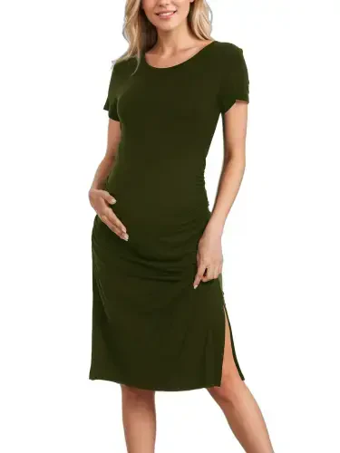 Smallshow Women's Short Sleeve Split Maternity Dress Side Ruched Pregnancy Clothes - 3