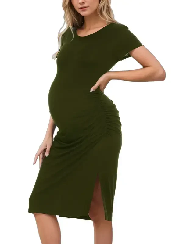 Smallshow Women's Short Sleeve Split Maternity Dress Side Ruched Pregnancy Clothes - 4