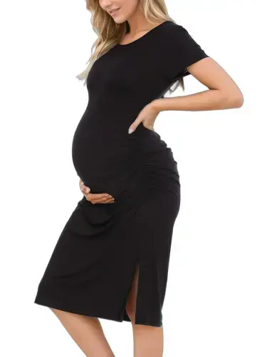 Smallshow Women's Short Sleeve Split Maternity Dress Side Ruched Pregnancy Clothes - UILGO (1)