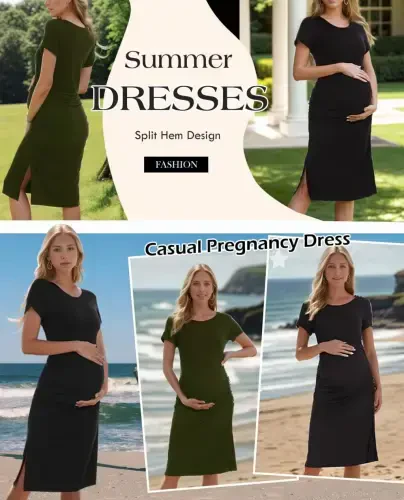 Smallshow Women's Short Sleeve Split Maternity Dress Side Ruched Pregnancy Clothes - 3