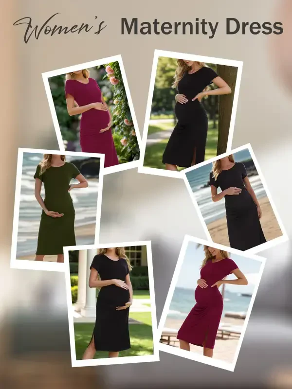 Smallshow Women's Short Sleeve Split Maternity Dress Side Ruched Pregnancy Clothes - 5