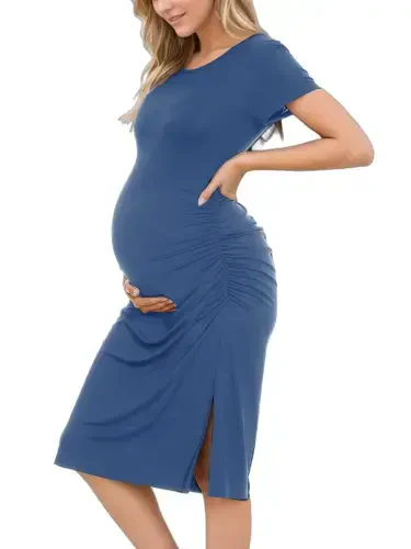 Smallshow Women's Short Sleeve Split Maternity Dress Side Ruched Pregnancy Clothes - UILGO (1)