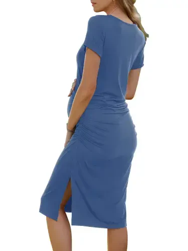 Smallshow Women's Short Sleeve Split Maternity Dress Side Ruched Pregnancy Clothes - 3