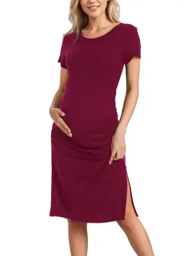 Smallshow Women's Short Sleeve Split Maternity Dress Side Ruched Pregnancy Clothes - 3