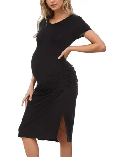 Smallshow Women's Short Sleeve Split Maternity Dress Side Ruched Pregnancy Clothes - 4