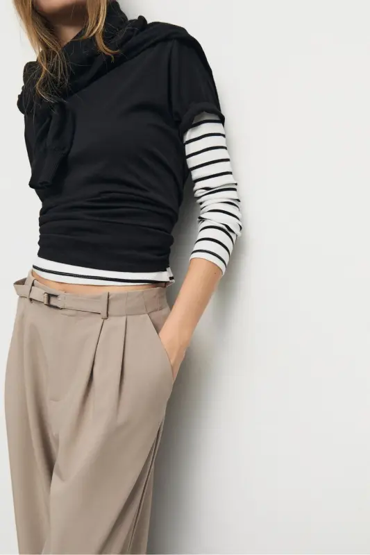 Smart buckle detail wide leg trousers-Brown - 3