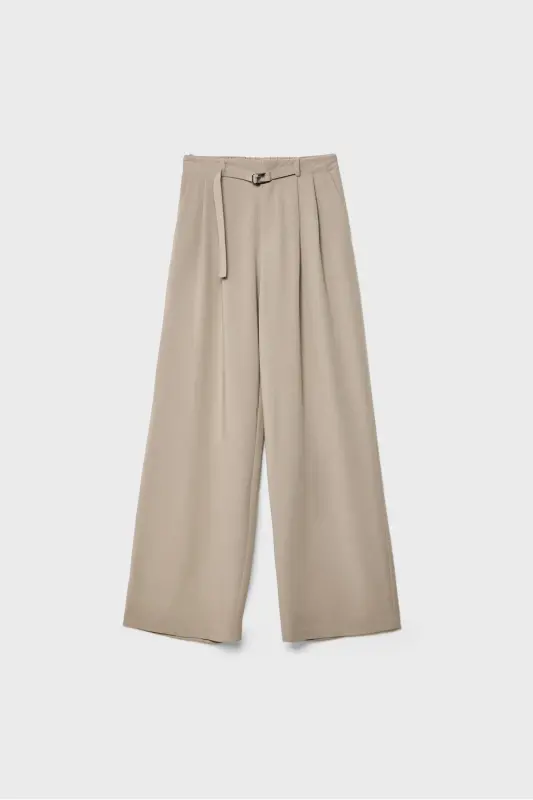 Smart buckle detail wide leg trousers-Brown - 5