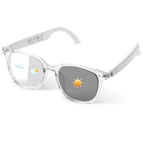 Smart Glasses, Polarized Sunglasses with Color Changing Lenses, IP65 Waterproof, Touch Control, Hands Free Calling, Transparent Stylish Frame Bluetooth Glasses Compatible with Android & IOS(White) - MODAZONE