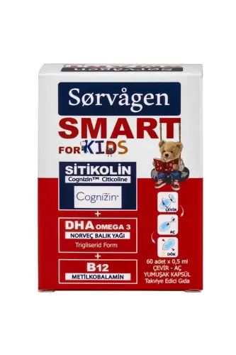 Smart Kids Sitikolin DHA Omega 3 Norvegiya Baliq Yog'i B12 60 Kapsula - SORVAGEN (1)