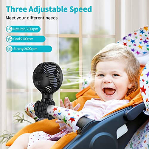 SMARTDEVIL Stroller Fan, 3000mAh Portable Clip on Stroller Fan for Baby, 3 Speed Battery Operated Personal Desk Fan with Flexible Tripod, Mini Handheld Fan for Car Seat, Treadmill, Camping (Black) - 2