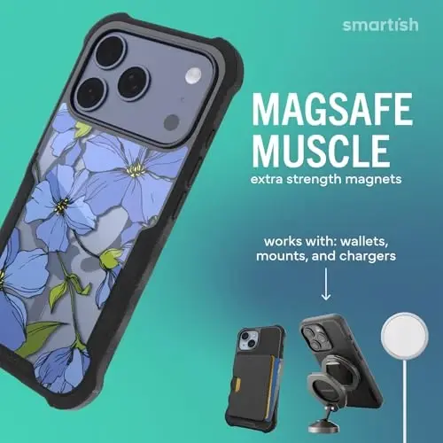 Smartish® Чехол для iPhone 17 Pro с MagSafe — Защитный магнитный чехол Gripzilla для мужчин [Прочный и надежный] Броня повышенной прочности военного класса — Протестирован на падение для Apple iPhone 17 Pro — Blue Blossoms - SMARTISH (1)