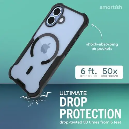 Smartish® Чехол для iPhone 17 с MagSafe — Gripzilla, защитный магнитный чехол для мужчин [Прочный + Жесткий], армейский класс, усиленная защита, ударопрочный для Apple iPhone 17 — Полупрозрачный черный - SMARTISH (1)