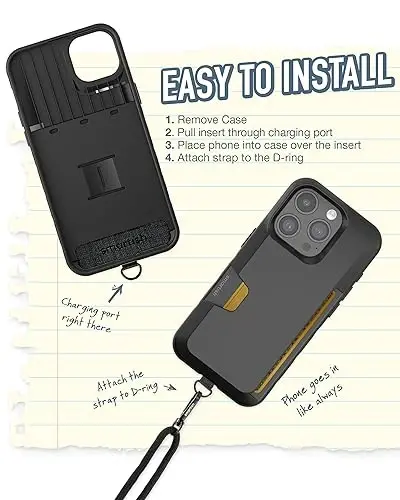 Smartish Чехол-кошелек для iPhone 15 Pro с ремешком через плечо - Wallet Slayer Vol. 1 - [Тонкий + Защитный] Держатель для кредитных карт с универсальным съемным наплечным ремнем - Черный 