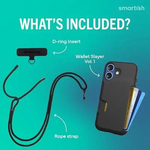 Smartish® Чехол-кошелек для iPhone 17 + ремешок через плечо — [Тонкий + Защитный] Чехол для телефона с держателем для кредитных карт + Универсальный съемный плечевой ремешок на шею для Apple iPhone 17 — Black Tie Affair - 2