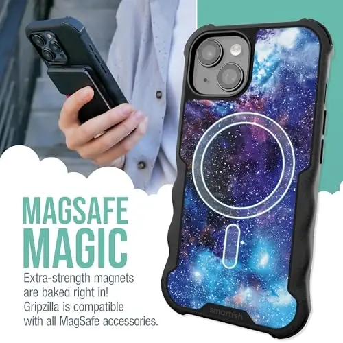 Smartish® iPhone 15 himoya magnitli g'ilofi - Gripzilla bilan mos keladi MagSafe bilan [Mustahkam + Kuchli] Og'ir vaznli tutqichli zirhli ingichka qopqoq, Apple iPhone 15 uchun tushish sinovidan o'tgan himoya - Spaced Out - 2
