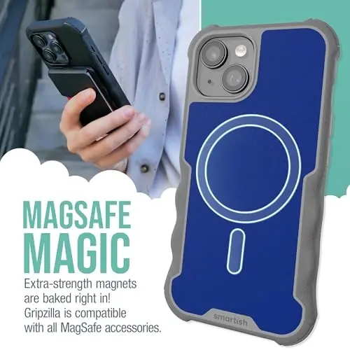 Smartish® iPhone 15 Protective Magnetic Case - Gripzilla Compatible with MagSafe [Rugged + Tough] Heavy Duty Grip Armored Slim Cover w/Drop Tested Protection for Apple iPhone 15 - Blueberry Bandit - 9