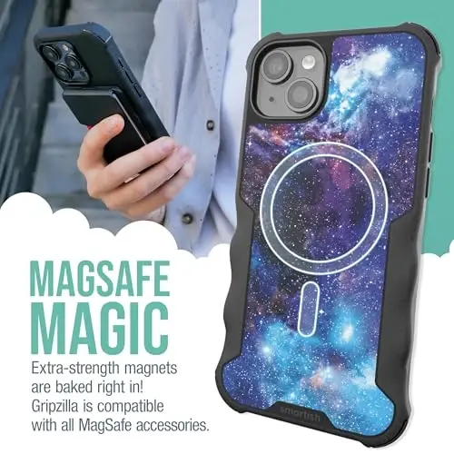 Smartish® iPhone 15 Plus himoya magnitli g'ilofi - Gripzilla MagSafe bilan mos keladi [Mustahkam + Qattiq] Og'ir vaznli tutqichli zirhli ingichka qopqoq, Apple iPhone 15 Plus uchun tushishga sinovdan o'tgan himoya - Spaced Out - 3