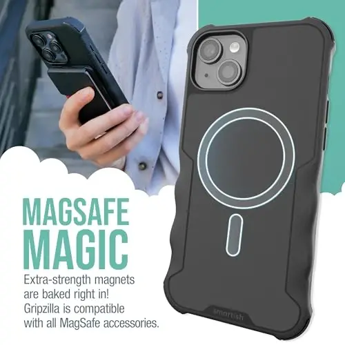 Smartish® iPhone 15 Plus Himoyachi Magnitli Qopqoq - Gripzilla MagSafe bilan mos - [Bardoshli + Mustahkam] Himoyachi tutqichli qopqoq Apple iPhone 15 Plus uchun Qulaganiga chidamli himoya bilan - Qora galdstuk - 3