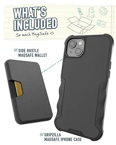Smartish® iPhone 15 Plus uchun himoya gʻilofi, MagSafe iPhone uchun hamyon bilan - Gripzilla - Magsafe moslashuvchan ogʻir zirhli tutqich qopqogʻi + Olinadigan magnit kredit karta ushlagichi - Black Tie Affair - 2