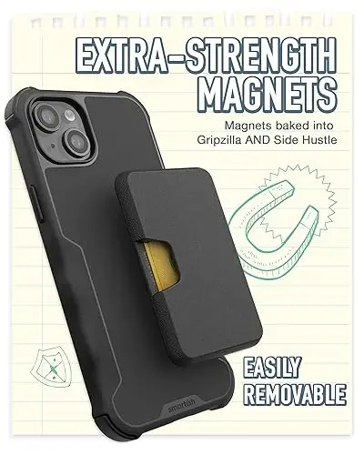 Smartish® iPhone 15 Plus uchun himoya gʻilofi, MagSafe iPhone uchun hamyon bilan - Gripzilla - Magsafe moslashuvchan ogʻir zirhli tutqich qopqogʻi + Olinadigan magnit kredit karta ushlagichi - Black Tie Affair - 3