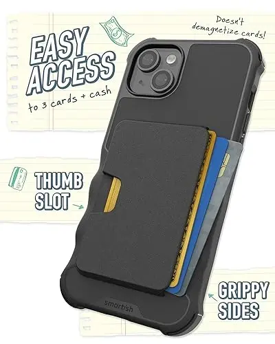 Smartish® iPhone 15 Plus uchun himoya gʻilofi, MagSafe iPhone uchun hamyon bilan - Gripzilla - Magsafe moslashuvchan ogʻir zirhli tutqich qopqogʻi + Olinadigan magnit kredit karta ushlagichi - Black Tie Affair - 4