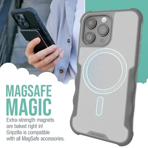 Smartish® iPhone 15 Pro Max Protective Magnetic Case - Gripzilla Compatible with MagSafe [Rugged Heavy Duty Slim Grip Armor Cover] w/Drop Tested Protection for Apple iPhone 15 Pro Max - Gray Area - 4