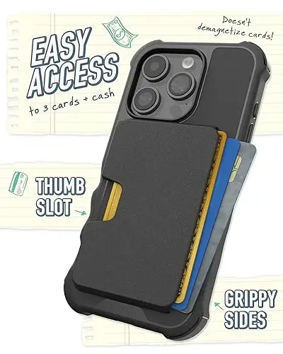 Smartish® iPhone 15 Pro uchun himoya g‘ilofi MagSafe iPhone’lar uchun hamyon bilan - Gripzilla - Magsafe bilan mos keluvchi og‘ir yuk ko‘taruvchi zirhli g‘ilof + Yechiladigan magnit kredit karta ushlagichi - Qora galstuk taqish - 4