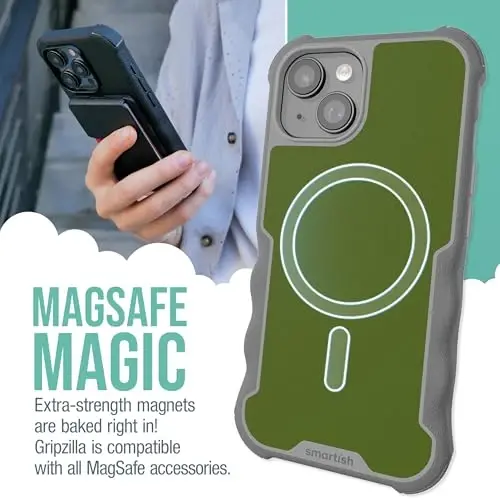 Smartish® iPhone 15 Protective Magnetic Case - Gripzilla Compatible with MagSafe [Rugged + Tough] Heavy Duty Grip Armored Slim Cover w/Drop Tested Protection for Apple iPhone 15 - Lost in The Moss - 2