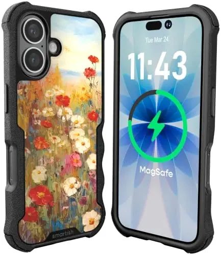 Smartish® iPhone 16 Himoya Magnit G‘ilofi - Gripzilla MagSafe bilan mos keladi [Mustahkam + Bardoshli] Og‘ir yuk uchun tutqichli zirhli yupqa qopqoq Apple iPhone 16 uchun tushish sinovidan o‘tgan himoya bilan - Wildflower Fields 