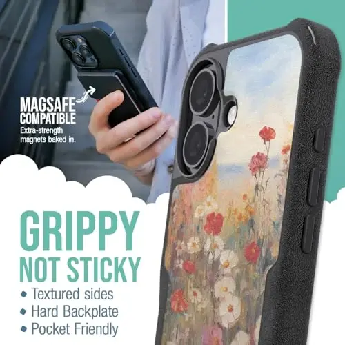 Smartish® iPhone 16 Koruyucu Manyetik Kılıf - Gripzilla MagSafe Uyumlu [Sağlam + Dayanıklı] Ağır Hizmet Tipi Kavrama Zırhlı İnce Kapak w/Düşme Testli Koruma, Apple iPhone 16 için - Wildflower Fields - 2