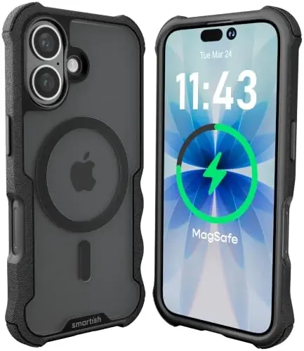 Smartish® iPhone 16 Koruyucu Manyetik Kılıf - MagSafe Uyumlu Gripzilla [Sağlam + Dayanıklı] Apple iPhone 16 için Düşme Testi Onaylı Korumalı Ağır Hizmet Tipi Kavrama Zırhlı İnce Kılıf - Şeffaf Siyah 