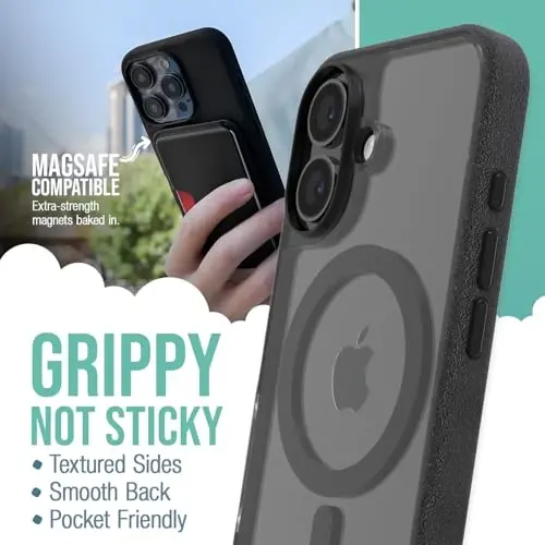 Smartish® iPhone 16 Magnetic Case - Gripmunk Compatible with MagSafe [Lightweight + Protective] Slim & Thin Grip Cover with Microfiber Lining for Apple iPhone 16 - Clearly Black - 2