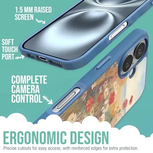 Smartish® iPhone 16 Magnetic Case - Gripmunk MagSafe bilan mos [Yengil + Himoya] Apple iPhone 16 uchun Microfiber Lining bilan Slim & Thin Grip qopqog'i - Wildflower Fields - 3