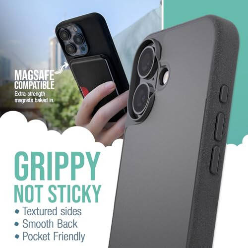 Smartish® iPhone 16 MagSafe Case - Gripmunk Magnetic Slim Case [Lightweight + Protective] Thin Grip Cover with Microfiber Lining for Apple iPhone 16 - Black Tie Affair - 2