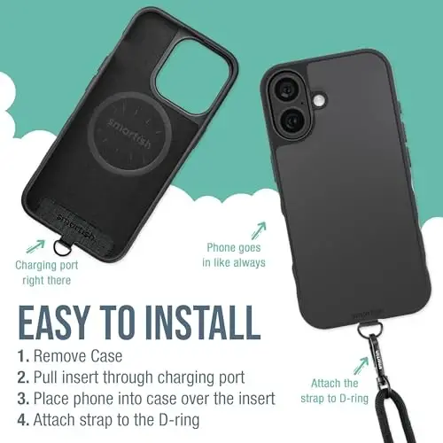 Smartish® iPhone 16 MagSafe Case with Crossbody Lanyard Strap - Gripmunk - [Slim + Protective] Magnetic Slim Case with Universal Detachable Shoulder Neck Strap - Black Tie Affair - 4