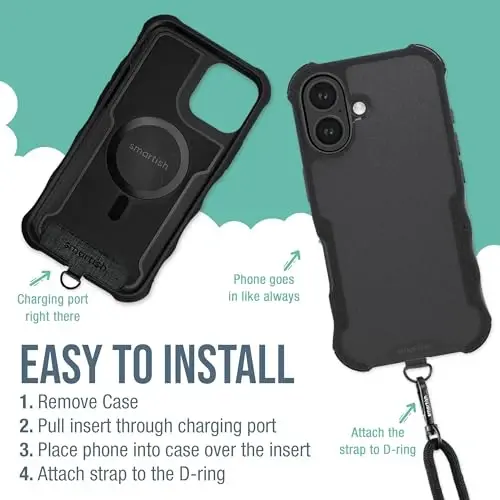 Smartish® iPhone 16 MagSafe Case with Crossbody Lanyard Strap - Gripzilla - [Slim + Protective] Magnetic Armor Case with Universal Detachable Shoulder Neck Strap - Black Tie Affair - 4