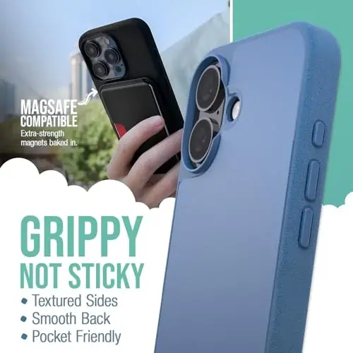 Smartish® iPhone 16 Magnetic Case - Gripmunk Compatible with MagSafe [Lightweight + Protective] Slim & Thin Grip Cover with Microfiber Lining for Apple iPhone 16 - Blues on the Green - 2