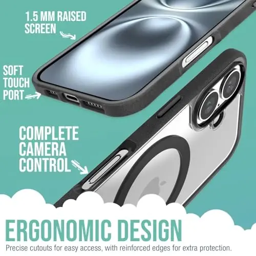 Smartish® iPhone 16 Magnetic Case - Gripmunk Compatible with MagSafe [Lightweight + Protective] Slim & Thin Grip Cover with Microfiber Lining for Apple iPhone 16 - Clearly Black - 3