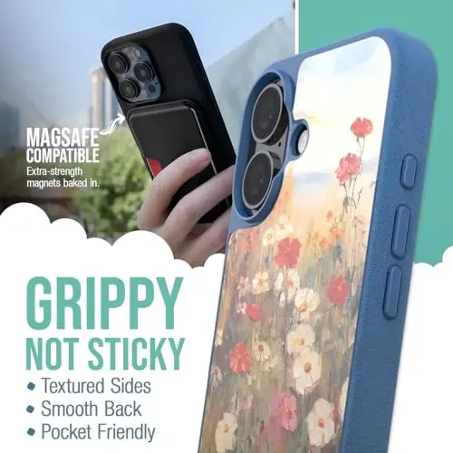 Smartish® iPhone 16 Magnetic Case - Gripmunk Compatible with MagSafe [Lightweight + Protective] Slim & Thin Grip Cover with Microfiber Lining for Apple iPhone 16 - Wildflower Fields 