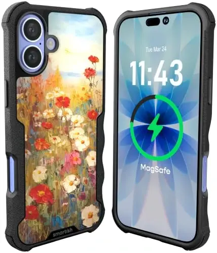 Smartish® iPhone 16 Plus Himoya Qilingan Magnit G‘ilof - MagSafe bilan Mos keluvchi Gripzilla [Mustahkam + Bardoshli] Apple iPhone 16 Plus uchun Tomchidan Himoya Sinovidan O‘tgan Og‘ir Yuk Ko‘taruvchi Zirhli Yupqa Qopqoq - Wildflower Fields 