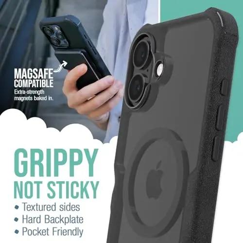 Smartish® iPhone 16 Plus himoya qiluvchi magnit g'ilof - Gripzilla MagSafe bilan mos keladi [Mustahkam + Bardoshli] Apple iPhone 16 Plus uchun og'ir yukga mo'ljallangan yupqa korpus, tushishdan himoyalangan - Clearly Black - SMARTISH (1)