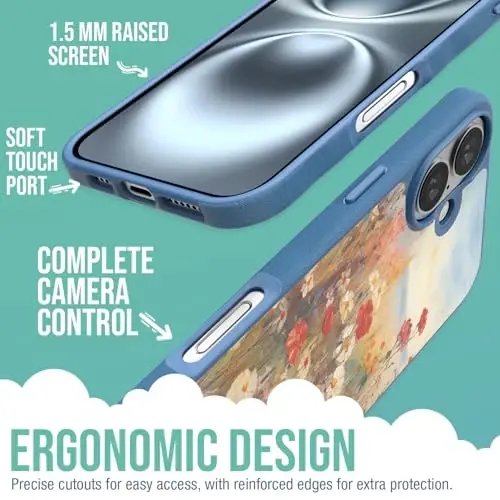 Smartish® iPhone 16 Plus magnitli g‘ilofi - MagSafe bilan mos keluvchi Gripmunk [Yengil + Himoya] Yassi va ingichka g‘ilof, Apple iPhone 16 Plus uchun mikrofiber qoplamali - Yovvoyi gullar maydoni - 3