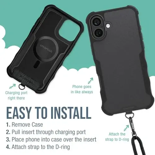 Smartish® iPhone 16 Plus MagSafe Case with Crossbody Lanyard Strap - Gripzilla - [Slim + Protective] Magnetic Armor Case with Universal Detachable Shoulder Neck Strap - Black Tie Affair - 4