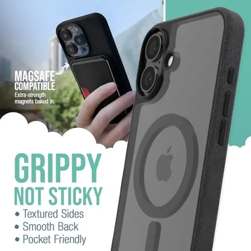 Smartish® iPhone 16 Plus Magnetic Case - Gripmunk Compatible with MagSafe [Lightweight + Protective] Slim & Thin Grip Cover with Microfiber Lining for Apple iPhone 16 Plus - Clearly Black - 2