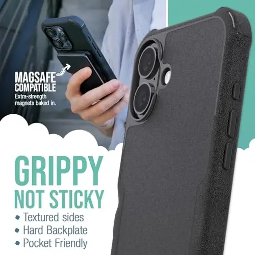 Smartish® iPhone 16 Plus Protective Magnetic Case - Gripzilla Compatible with MagSafe [Rugged + Tough] Heavy Duty Armor Slim Cover w/Drop Tested Protection for Apple iPhone 16 Plus - Black Tie Affair - 2