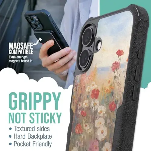 Smartish® iPhone 16 Plus Protective Magnetic Case - Gripzilla Compatible with MagSafe [Rugged + Tough] Heavy Duty Armor Slim Cover w/Drop Tested Protection for Apple iPhone 16 Plus- Wildflower Fields - 2